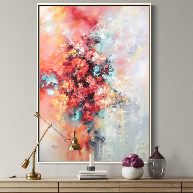 Vibrant Abstract Oil Painting of Colorful Blooms and Whimsical Swirls