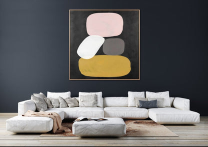 Contemporary Abstract Oil Painting with Soft Pastel Shapes on Dark Background