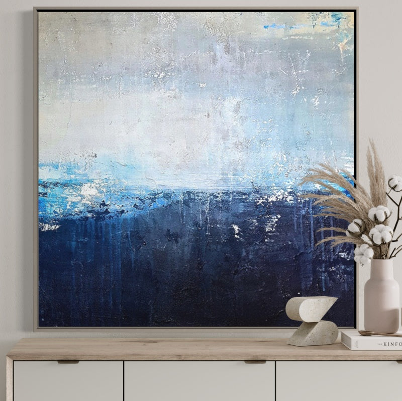 Serene Coastal Blues Landscape Oil Painting for Tranquil Home Decor