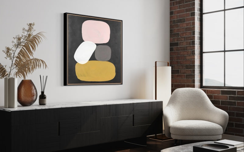 Contemporary Abstract Oil Painting with Soft Pastel Shapes on Dark Background