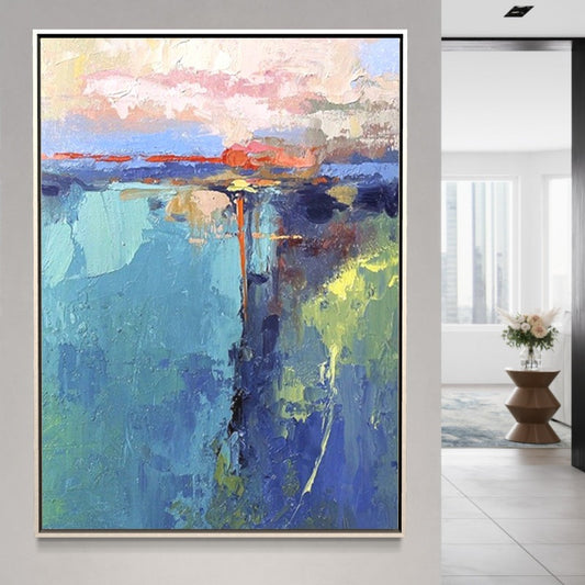 Serene Coastal Sunrise Oil Painting - Vibrant Abstract Landscape Art for Home Decor