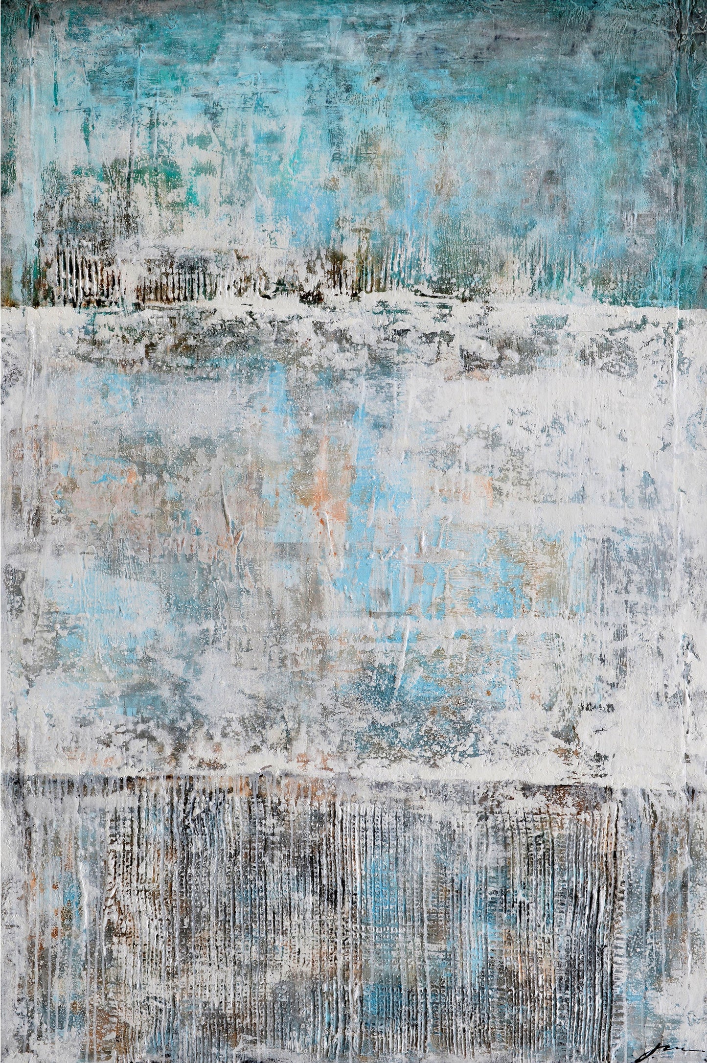 Serene Abstract Oil Painting with Blue and Gray Textures for Modern Home Decor