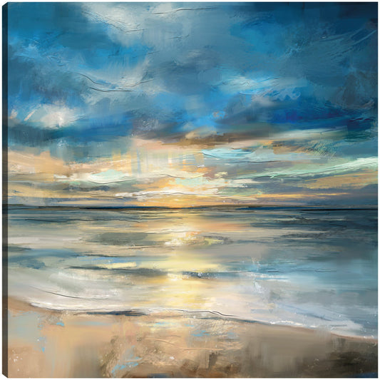 Serene Indigo Ocean Sunset Landscape Oil Painting for Home Decor
