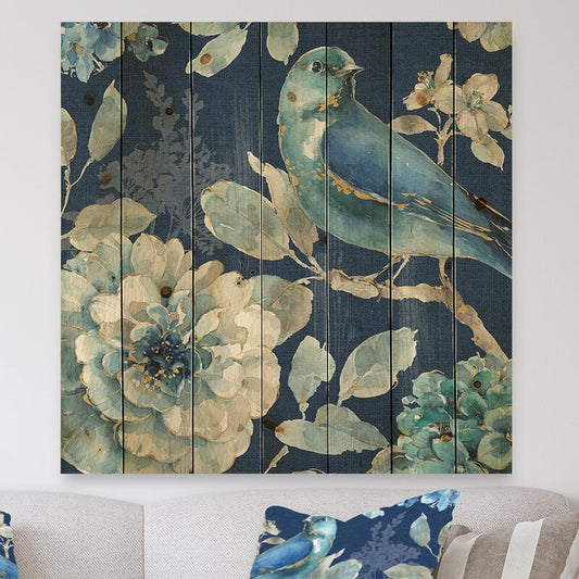Blue Bird and Floral Farmhouse Painting on Natural Pine Wood