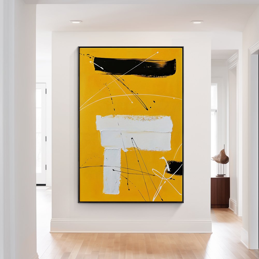 Vibrant Yellow Abstract Oil Painting with Dynamic Lines and Shapes