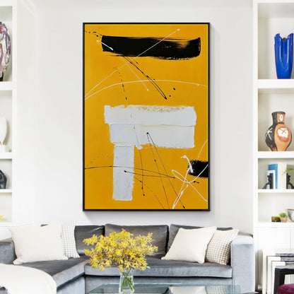 Vibrant Yellow Abstract Oil Painting with Dynamic Lines and Shapes