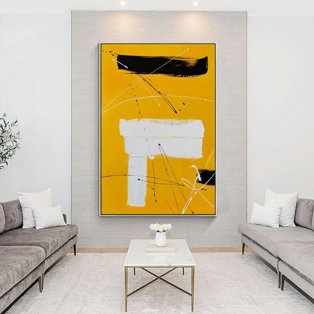 Vibrant Yellow Abstract Oil Painting with Dynamic Lines and Shapes