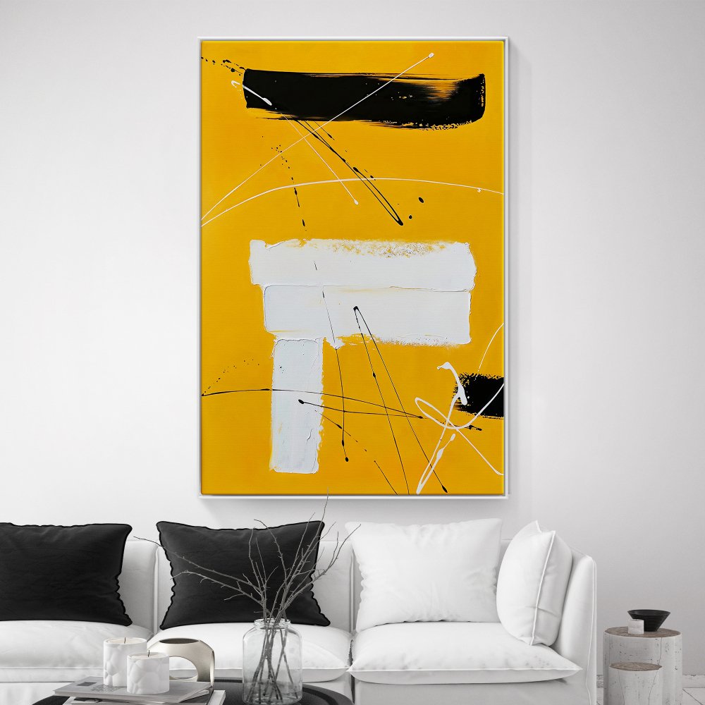 Vibrant Yellow Abstract Oil Painting with Dynamic Lines and Shapes