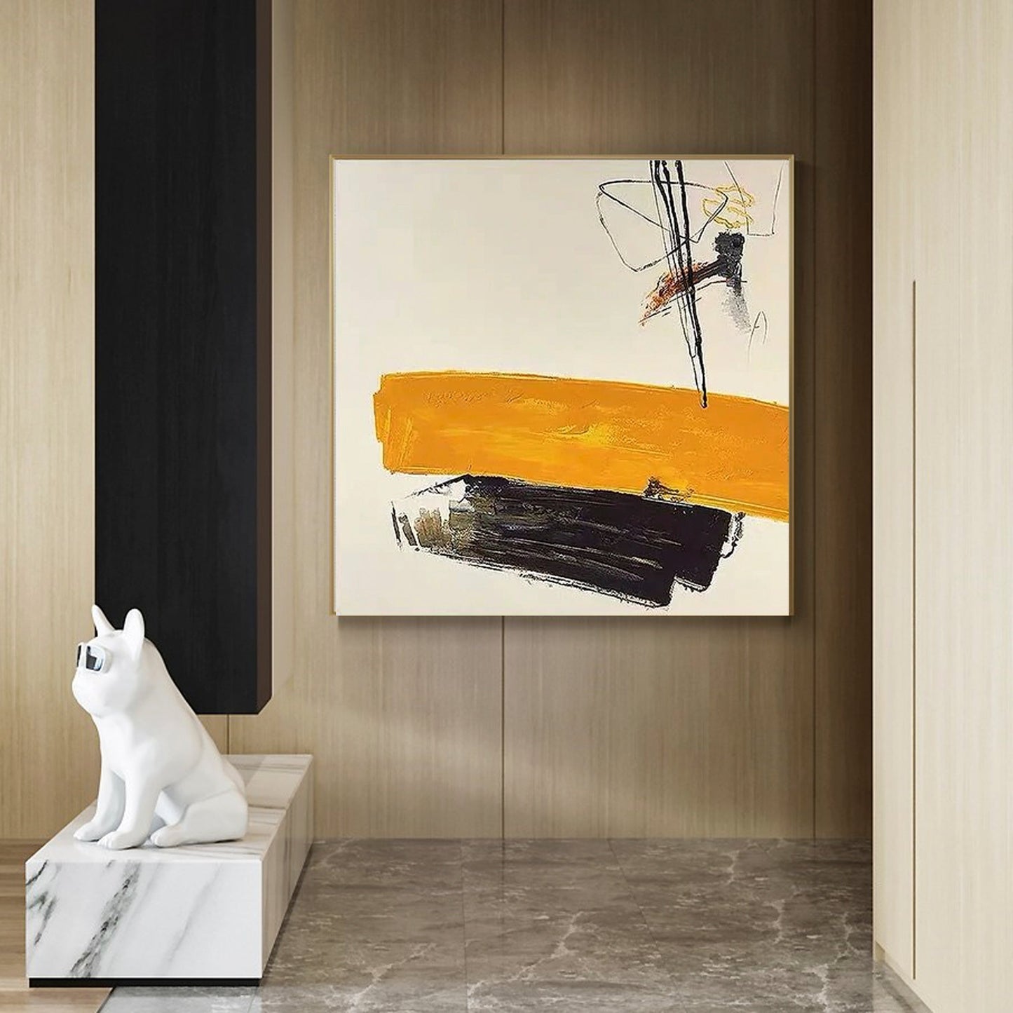 Vibrant Abstract Oil Painting with Bold Yellow and Black Strokes for Modern Decor