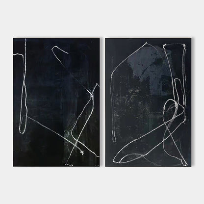 Elegant Black Abstract Oil Painting with Modern Minimalist Lines