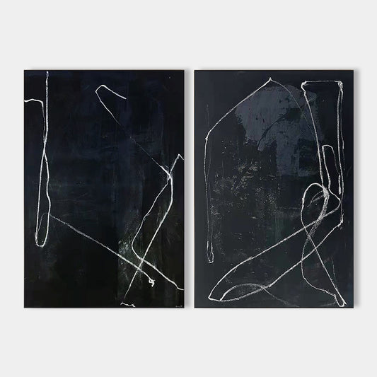 Elegant Black Abstract Oil Painting with Modern Minimalist Lines