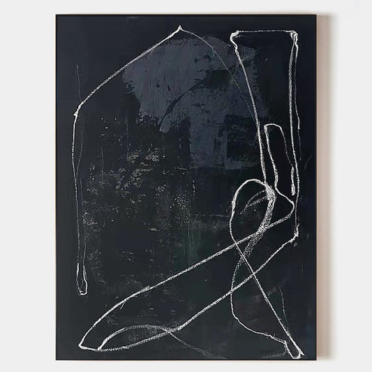 Chic Black Abstract Oil Painting with Elegant White Lines for Modern Decor