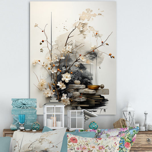 Elegant Asian Sumi Art with Blossoms and Stones for Serene Home Decor