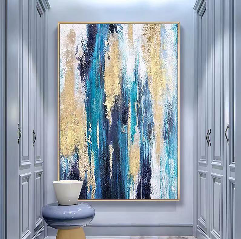 Vibrant Jungle Abstract: Stunning Oil Painting in Blue, Gold, and Green Tones