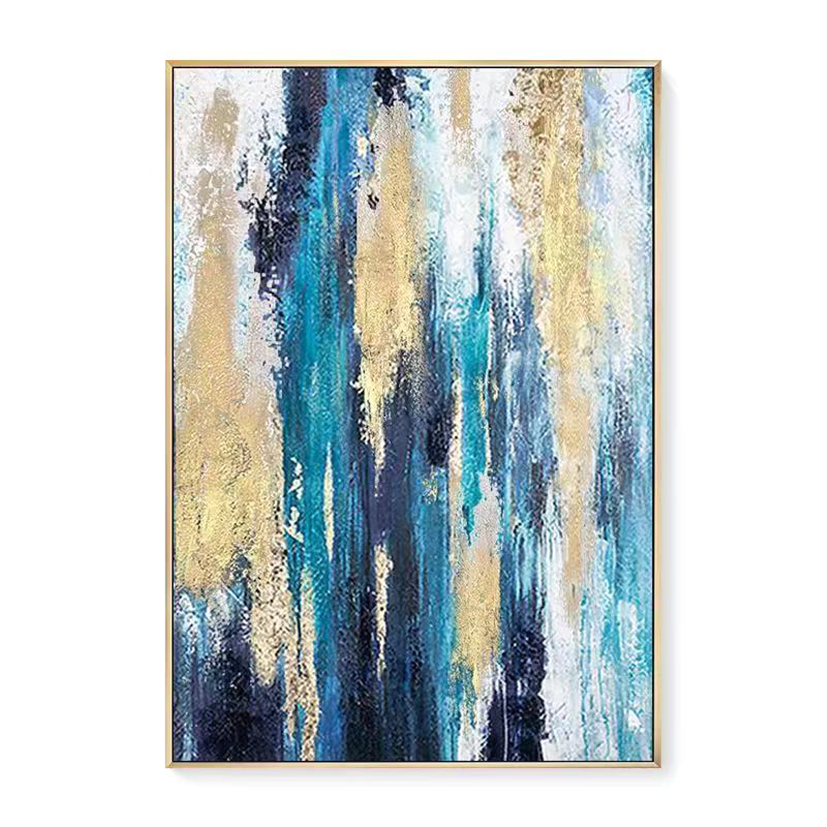 Vibrant Jungle Abstract: Stunning Oil Painting in Blue, Gold, and Green Tones