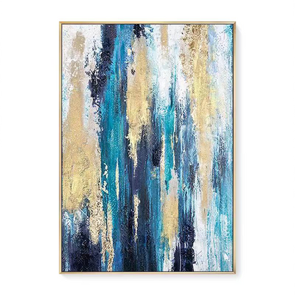 Vibrant Jungle Abstract: Stunning Oil Painting in Blue, Gold, and Green Tones