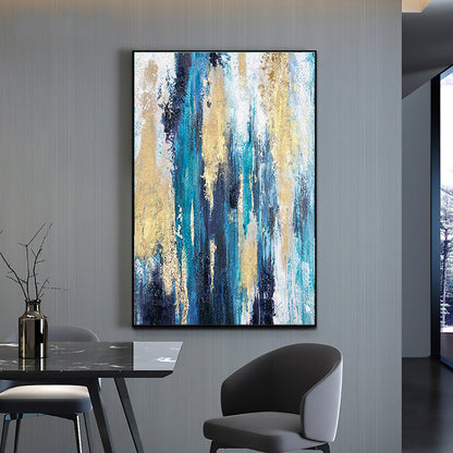 Vibrant Jungle Abstract: Stunning Oil Painting in Blue, Gold, and Green Tones