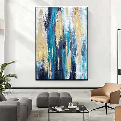 Vibrant Jungle Abstract: Stunning Oil Painting in Blue, Gold, and Green Tones