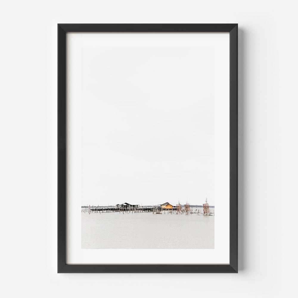 Serene Waterfront Landscape Oil Painting of Coastal Homes and Tranquil Waters