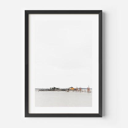 Serene Waterfront Landscape Oil Painting of Coastal Homes and Tranquil Waters