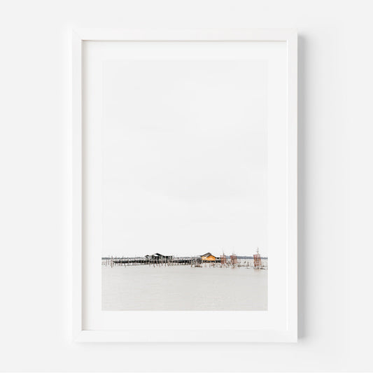 Serene Waterfront Landscape Oil Painting of Coastal Homes and Tranquil Waters