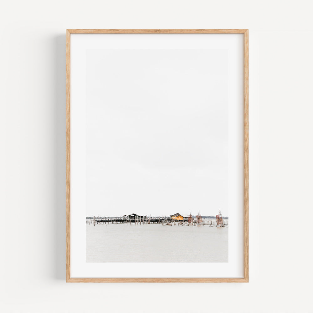 Serene Waterfront Landscape Oil Painting of Coastal Homes and Tranquil Waters