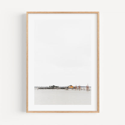 Serene Waterfront Landscape Oil Painting of Coastal Homes and Tranquil Waters