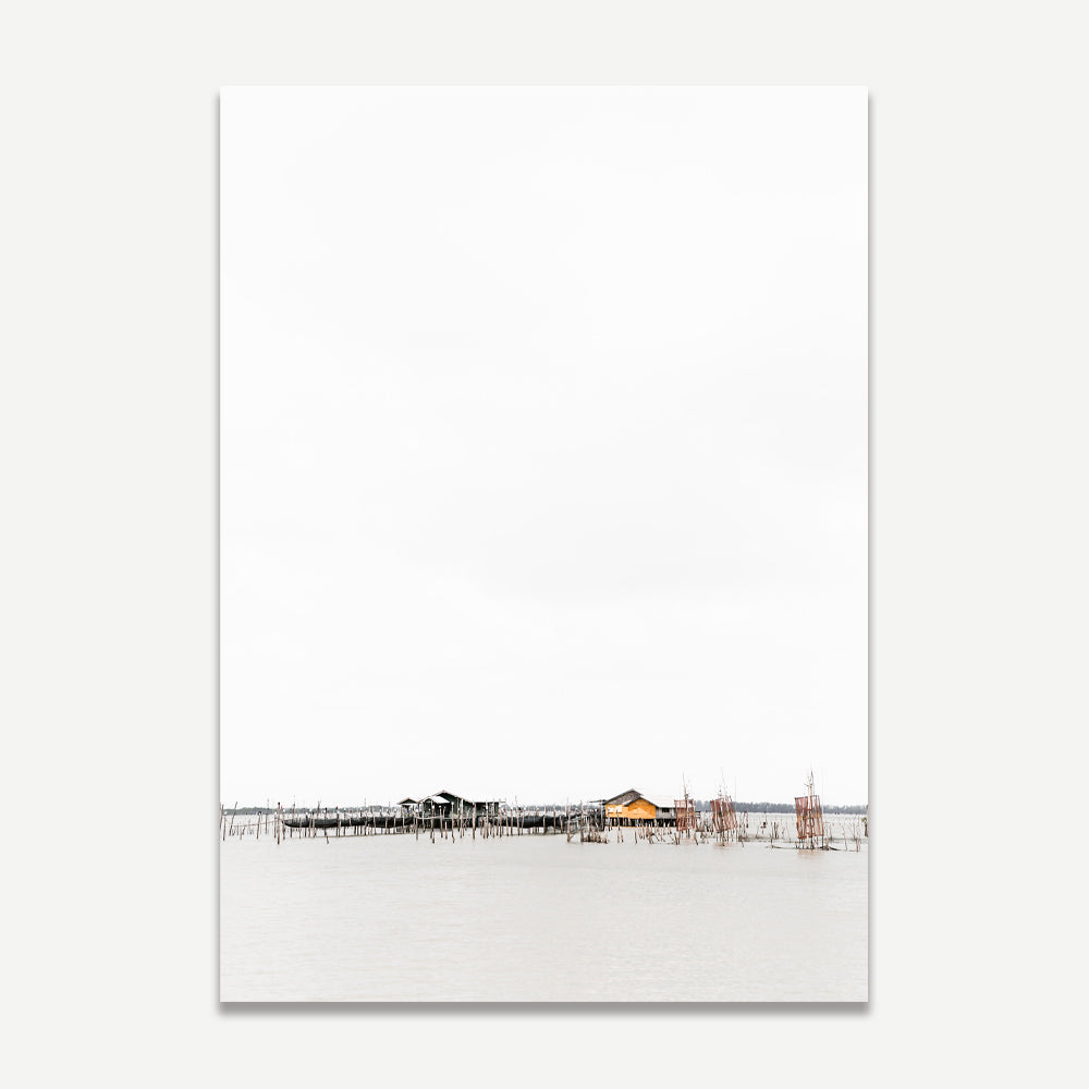 Serene Waterfront Landscape Oil Painting of Coastal Homes and Tranquil Waters