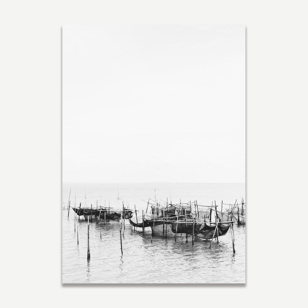 Serene Black and White Oil Painting of Traditional Fishing Boats in Still Waters