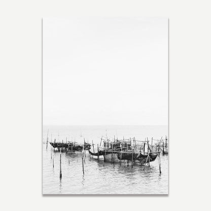 Serene Black and White Oil Painting of Traditional Fishing Boats in Still Waters
