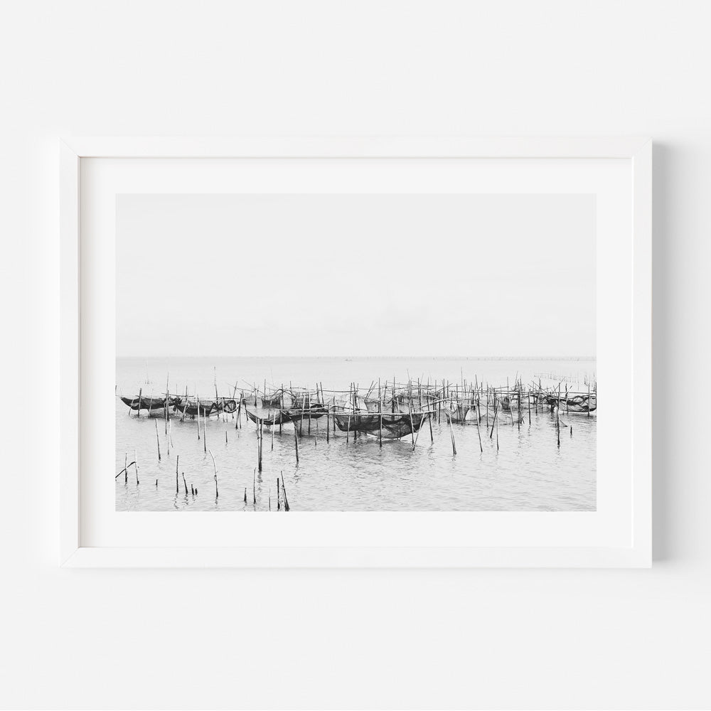 Serene Fishing Boats on Tranquil Waters - Black and White Oil Painting Decor