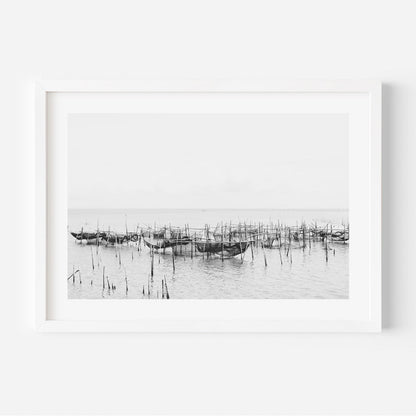 Serene Fishing Boats on Tranquil Waters - Black and White Oil Painting Decor