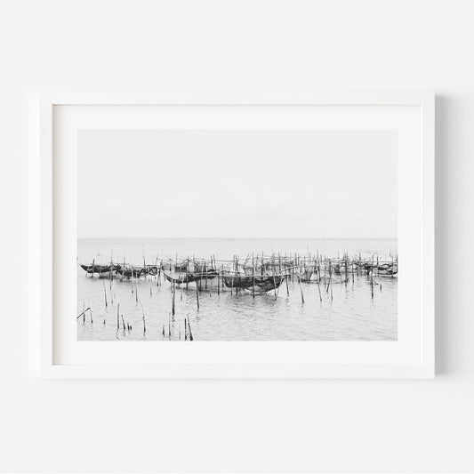Serene Fishing Boats on Tranquil Waters - Black and White Oil Painting Decor