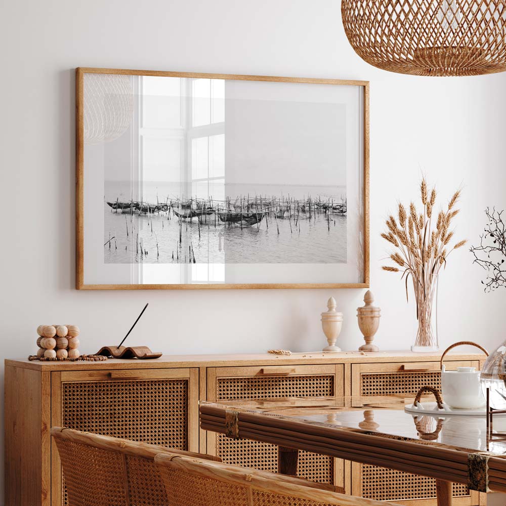 Serene Fishing Boats on Tranquil Waters - Black and White Oil Painting Decor