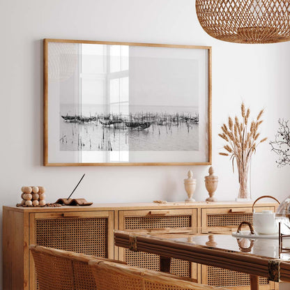 Serene Fishing Boats on Tranquil Waters - Black and White Oil Painting Decor