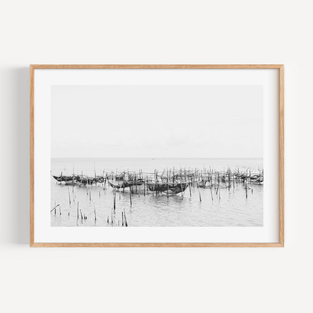 Serene Fishing Boats on Tranquil Waters - Black and White Oil Painting Decor
