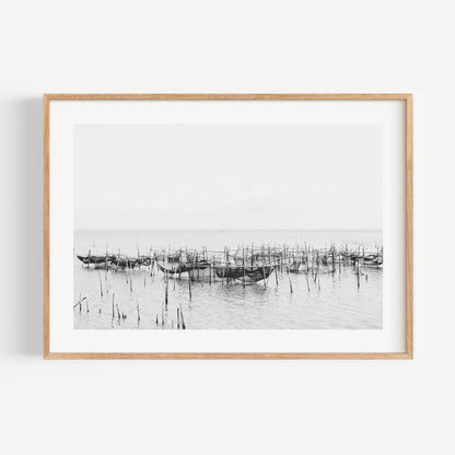 Serene Fishing Boats on Tranquil Waters - Black and White Oil Painting Decor