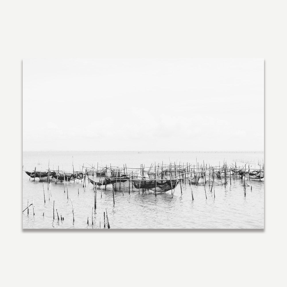Serene Fishing Boats on Tranquil Waters - Black and White Oil Painting Decor
