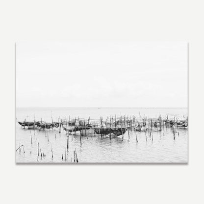Serene Fishing Boats on Tranquil Waters - Black and White Oil Painting Decor