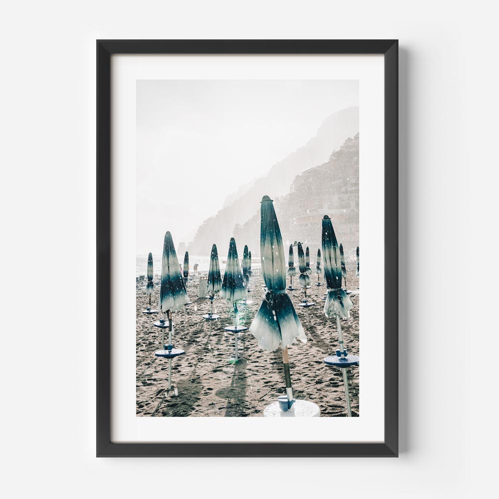 Serene Beach Day: Tranquil Umbrellas Under Rainy Skies Oil Painting