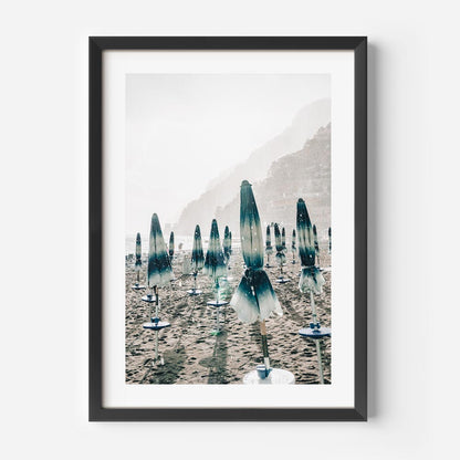 Serene Beach Day: Tranquil Umbrellas Under Rainy Skies Oil Painting