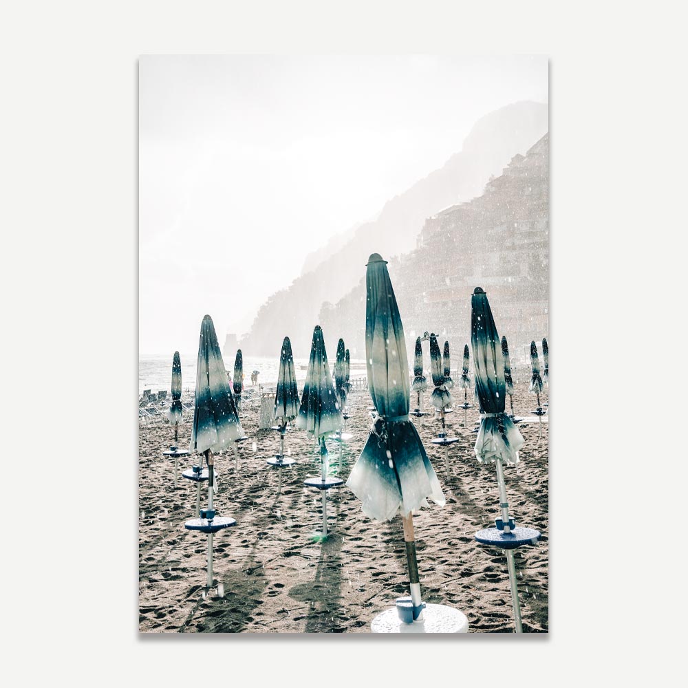 Serene Beach Day: Tranquil Umbrellas Under Rainy Skies Oil Painting