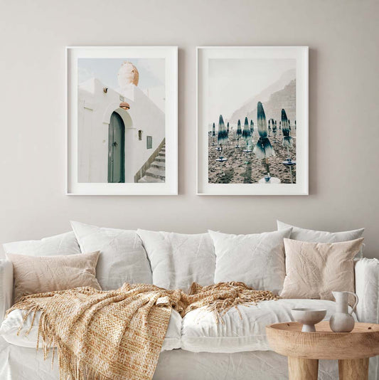 Charming Coastal Oil Paintings - Serene Doorway & Beach Umbrellas Décor Set
