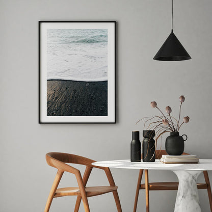 Tranquil Shoreline Scene: Serene Oil Painting of Waves and Dark Sand