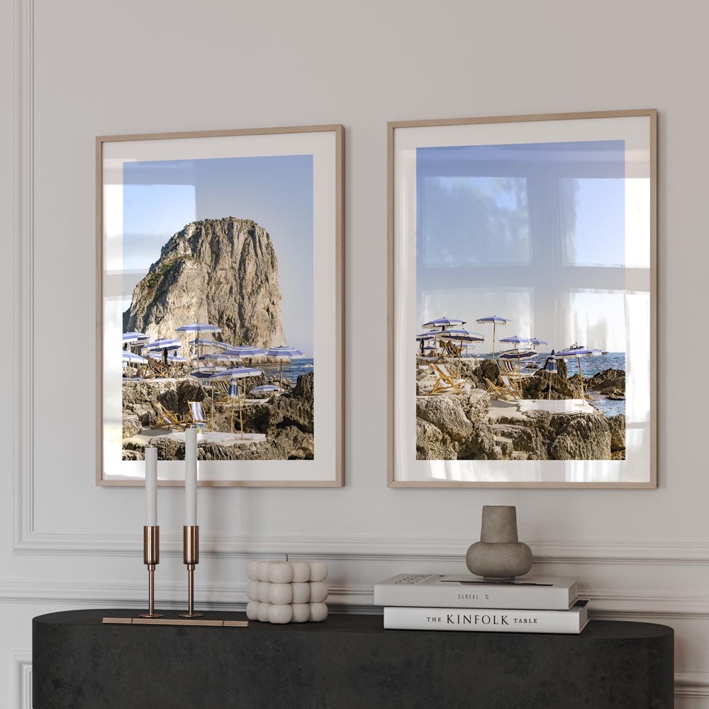 Serene Coastal Escape with Umbrellas and Rock Formations