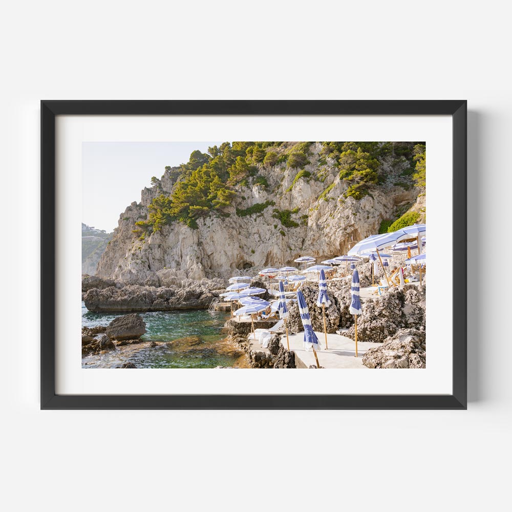 Serene Coastal Retreat with Beach Umbrellas and Scenic Cliffs in Oil Painting