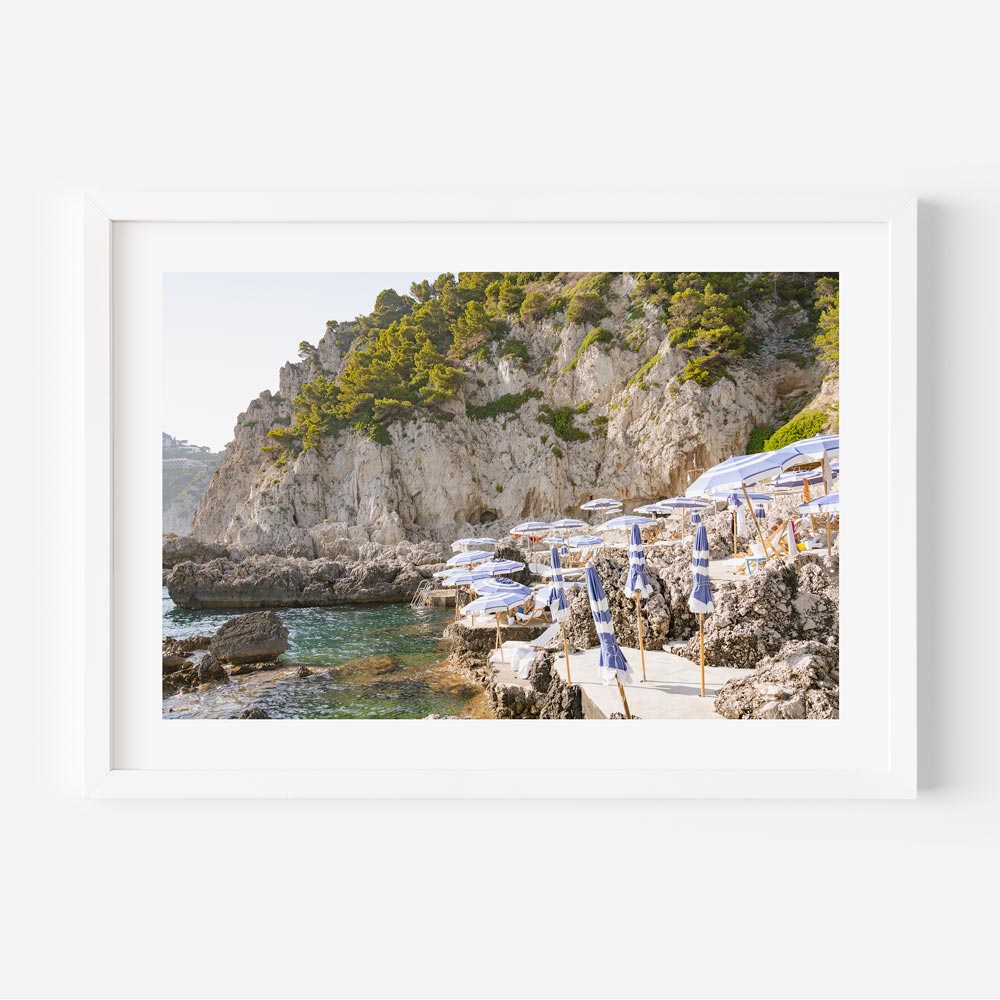 Serene Coastal Retreat with Beach Umbrellas and Scenic Cliffs in Oil Painting