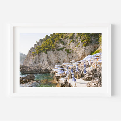 Serene Coastal Retreat with Beach Umbrellas and Scenic Cliffs in Oil Painting