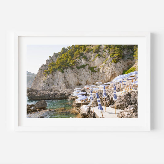 Serene Coastal Retreat with Beach Umbrellas and Scenic Cliffs in Oil Painting