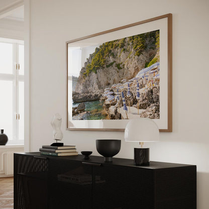 Serene Coastal Retreat with Beach Umbrellas and Scenic Cliffs in Oil Painting